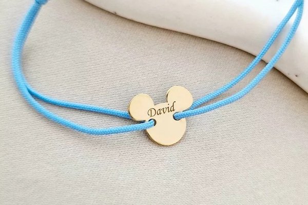 Bratara personalizata cu nume - Forma Cap Soricel - Argint 925 placat cu Aur Galben 18K - snur reglabil