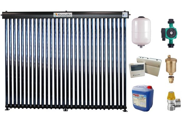 Sistem solar presurizat, panou Fornello 30 Tuburi Heat Pipe, pompa 25-60, controller, vas expansiune, antigel, supapa 1/2, aerisitor 1/2