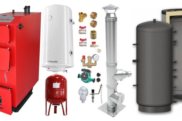 Pachet Cazan (centrala) pe combustibil solid, (lemn, carbune), Fornello Praktik 30 kW, Puffer 1000 litri, Cos Inox, Boiler, Vas Expansiune, Pompa, Fitinguri Montaj