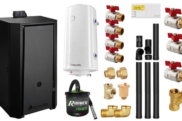 Pachet centrala pe peleti Fornello EVA B Black 25 kW cu boiler 100 l, Wi-Fi si kituri de montaj