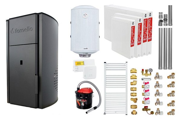Pachet Centrala peleti Fornello Royal B 25 kw, complet echipata pentru incalzire, pompa circulatie, teava hidronix, vas expansiune, automatizare, kit evacuare 3.5 ml, Boiler Termoelectric Fornello 100 l, Termostat Salus 091FLRFV2, Aspirator, Radi