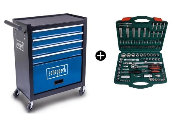Scheppach TW1300 5909319900, carucior de atelier fara scule, cu 5 sertare, plus trusa Troy 26102