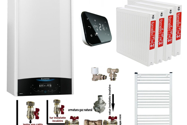 Pachet complet pentru apartament cu 3 camere - Centrala termica Ariston Genus One+ 24, 24 kW, kit evacuare, termostat Salus IT 500, calorifere si accesorii