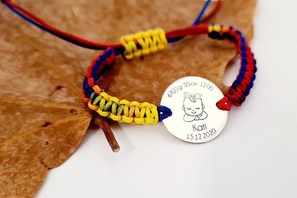 Bratara Personalizata Banut 15 mm - Pui de Roman - Argint 925 cu Snur Impletit Tricolor