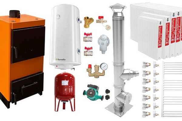 Pachet Cazan (centrala) pe combustibil solid, (lemn, carbune), Fiama W, 45 kW, Cos inox, Radiatoare Otel, Boiler Termoelectric, Vas Expansune, Pompa si Fitinguri Montaj