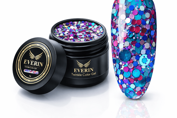Gel Colorat Twinkle Color Gel EVERIN 5ml - 21 | Nuanta Albastru-Turcoaz cu Glitter Roz si Violet Holografic
