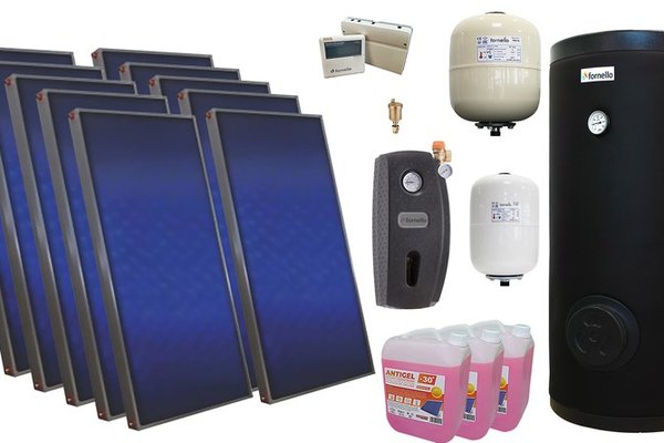 Pachet solar premium, presurizat, 10x panou plan Sunsystem PК SL FP 2.0, Boiler cu 2 serpentine Fornello SOL 1000 LT 2S, controller, vas expansiune solar, vas expansiune sanitar, grup pompare Fornello (pompa OHI), aerisitor 1/2, antigel