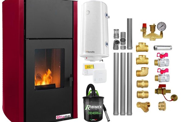 Termosemineu pe peleti Fornello Fiama Confort 25 kW Bordeaux - Pachet complet pentru incalzire