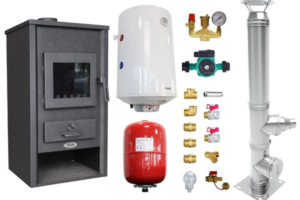 Pachet Termosemineu pe lemne, brichete si carbune Fornello B2E, 14 kW, 46x45x91 cm, cos inox, boiler termoelectric 80l, vas expansiune, pompa circulatie si kit montaj