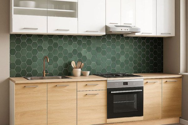 Set de Bucatarie Germania 240 cm - 8 Corpuri cu Cuptor, Blat Gros Sonoma si Alb