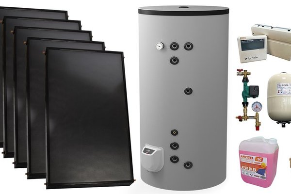 Pachet sistem solar presurizat, 5 x Panou solar plan Fornello 2.0 m² SPFP, Boiler cu 2 serpentine si rezistenta electrica FV50080S21, 9000 W, 500 l, grup pompare, controller, vas expansiune, antigel, aerisitor 1/2