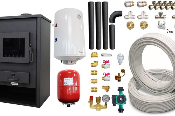 Pachet Termosemineu pe lemne, brichete si carbune Fornello PADOVA E, 19.4 kW, 510x500x910 mm, boiler termoelectric 80l, teava, vas expansiune, pompa circulare, kit evacuare si fitinguri