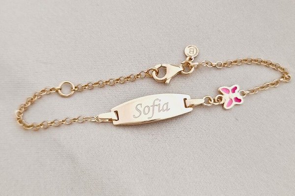 Bratara bebe - Placuta cu nume - Fluturas colorat si lantisor - Argint 925 placat cu Aur Galben 18K