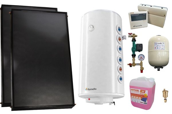 Pachet sistem solar presurizat, 2 x Panou solar plan Fornello 2.0 m² SPFP, Boiler cu 2 serpentine Fornello Optima GCV7/4S 150 l, grup pompare, controller, vas expansiune, antigel, aerisitor 1/2
