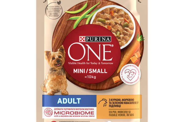 PURINA ONE MINI Adult, pui cu morcovi si fasole verde in sos, 85 g