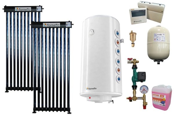 Pachet sistem solar presurizat, panou Fornello 20 Tuburi Heat Pipe, Boiler cu 2 serpentine Fornello Optima GCV7/4S 120 l, controller, vas expansiune, grup pompare, aerisitor 1/2, antigel