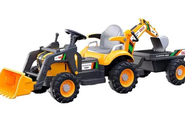 Tractor electric pentru copii cu remorca si accesorii, Kinderauto BRJ1588, 70W, 12V, galben