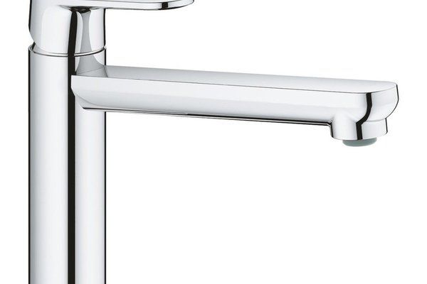 Baterie de bucatarie Grohe Bauflow, monocomanda, tip L, pipa medie, pivotanta, limitator, crom 31688000
