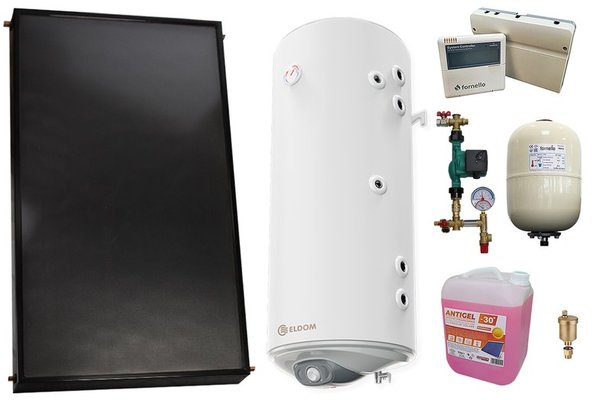 Pachet sistem solar presurizat, Panou solar plan Fornello 2.0 m² SPFP, Boiler cu 2 serpentine si rezistenta electrica Eldom WV10046S21R 100 l, grup pompare, controller, vas expansiune, antigel, aerisitor 1/2
