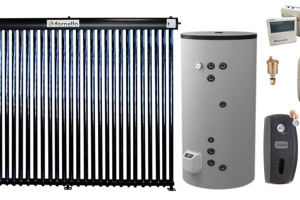 Sistem solar premium presurizat, panou Fornello 30 Tuburi Heat Pipe, Boiler termoelectric cu doua serpentine Eldom FV20060S21, 3000 W, 200 l, grup pompare, controller, vas expansiune, antigel, supapa, aerisitor