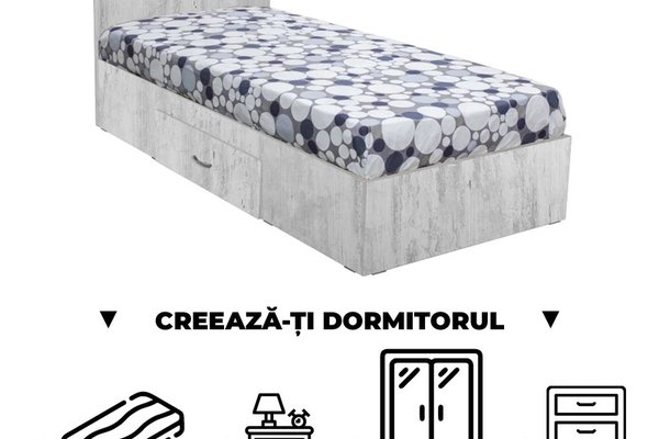 Creeaza-ti Dormitorul ALMA, pin antichizat, de la Pat cu sertar Alma 120x200 cm, adauga Saltea, Noptiere, Comoda, Dulap
