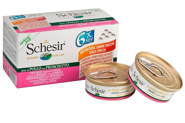 Hrana umeda pisici, Schesir Cat, Pui si Sunca, 6x50 g