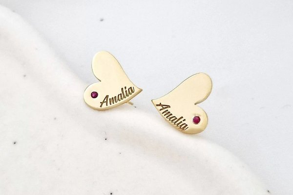 Cercei Inima personalizati - Argint 925 Placat cu Aur galben 18K - decorati cu rubin