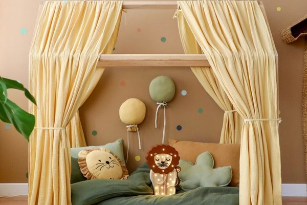 Set 2 baldachine muselina pentru pat tip casuta, Little Amy, Galben, 2x315 cm pentru pat 90x180 cm