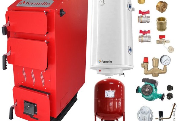 Pachet centrala pe combustibil solid Fornello Praktik 30 kW cu boiler, vas de expansiune, pompa si fitinguri