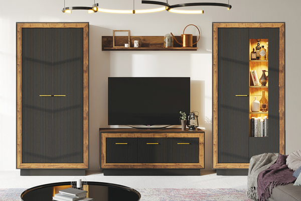 Set Living FOX, 4 corpuri, cu lumini LED, dulap FOX1, vitrina FOX2, comoda FOX4, etajera FOX6, corp eger, fronturi MDF eger + negru