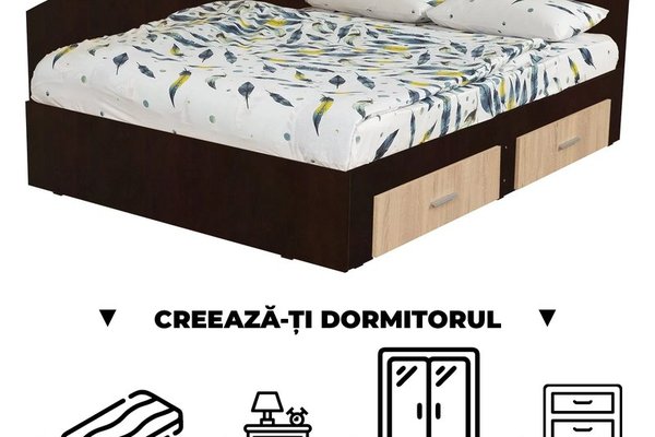Creeaza-ti Dormitorul ALMA, sonoma inchis + sonoma deschis, de la Pat Colt Alma 140x200 cm, cu 2 sertare laterale pe role, adauga Saltea, Noptiere, Comoda, Dulap