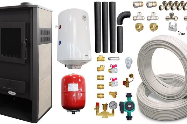 Pachet Termosemineu pe lemne, brichete si carbune Fornello Roma E, Ivory, 22 kW, 49x45x103 cm, boiler termoelectric 100l, teava, vas expansiune, pompa circulatie, kit evacuare si fitinguri