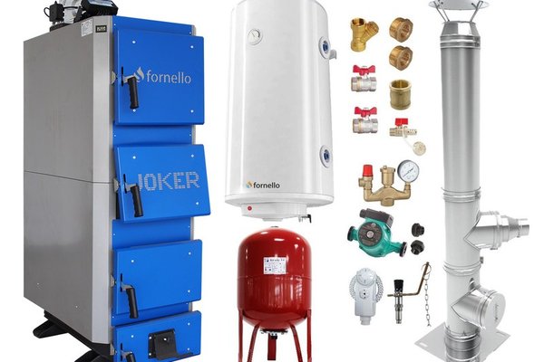 Pachet Cazan (centrala) pe combustibil solid, (lemn, carbune), Fornello Joker 42 kW, Cos Inox, Boiler, Vas Expansiune, Pompa, Fitinguri Montaj