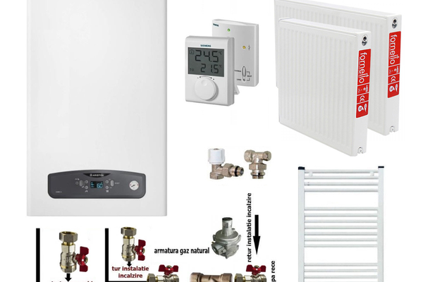 Pachet apartament cu o camera, centrala termica in condensatie Ariston Cares S 24 kW, kit evacuare inclus, termostat, calorifere otel, kit armaturi centrala, robineti calorifer