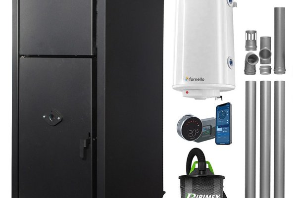 Pachet centrala pe peleti Fornello Fiama Confort B 25 kW cu boiler de 100 l, termostat WiFi si kit evacuare