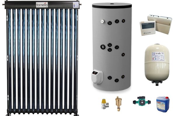 Sistem solar presurizat, panou Fornello 15 Tuburi Heat Pipe,boiler cu 2 serpentine si rezistenta electrica Eldom 150 litri cu montaj pe sol, pompa 25-60, controller, vas expansiune, antigel, supapa 1/2, aerisitor 1/2