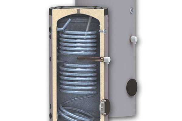 Boiler 200 litri cu 2 serpentine SUNSYSTEM SON 200, pentru centrala termica si solar, montaj pe sol, izolatie termica, manta de protectie , flansa de vizitare, emailat cu titan
