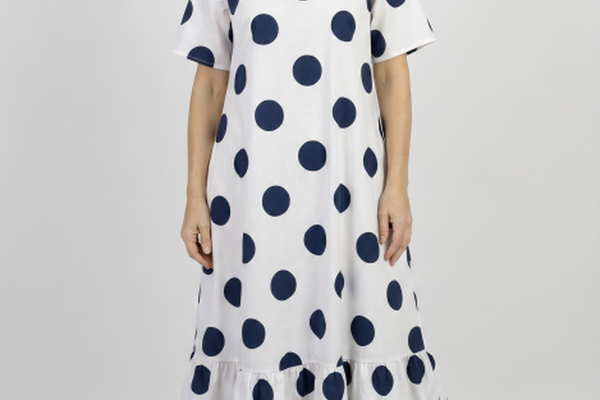 Rochie Midi A-Line cu Volan si Imprimeu Buline Alb-Bleumarin