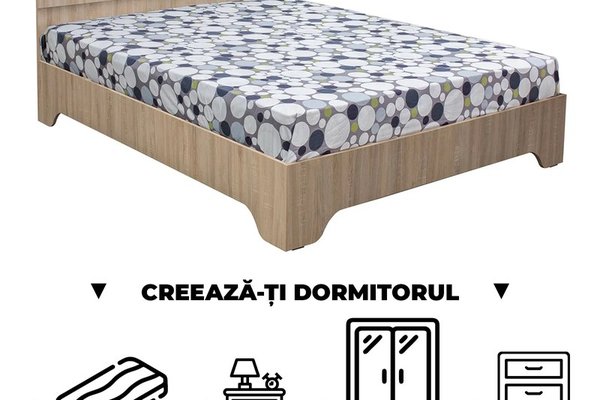 Creeaza-ti Dormitorul ALMA, sonoma deschis, de la Pat cu picioare Alma 140x200 cm, adauga Saltea, Noptiere, Comoda, Dulap