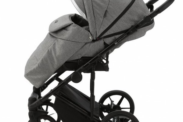 Carucior 3 in 1 Adamex Rimini Alu tip Collection Linen  EcoLeather cloud gray cu scaun iSize, parte sport reglabila pana la orizontala, cadru cu suspensii, landou cu suport de cap reglabil pe inaltime