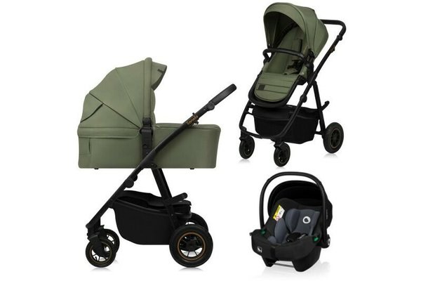 Carucior 3 in 1 Lionelo Amber Plus - Cadru din aluminiu, Landou intarit, Scoica auto certificata ADAC, Reversibil, Maner ajustabil, Verde