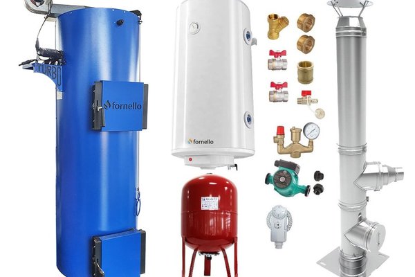 Pachet centrala pe combustibil solid Fornello Turbo 25 kW cu cos de fum, boiler, vas de expansiune si pompa