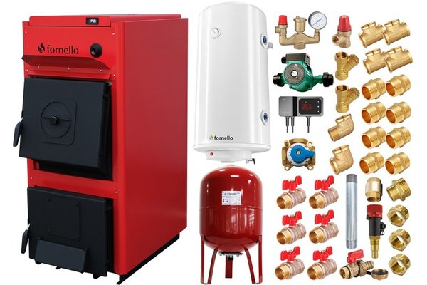 Pachet centrala Fornello T-PRO 35 kW pe combustibil solid, boiler 100 L, vas de expansiune si accesorii