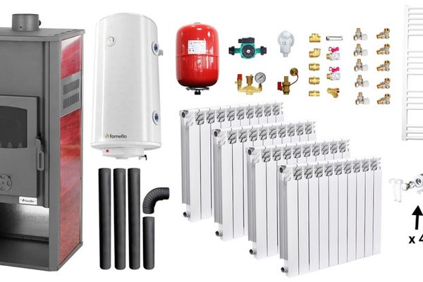 Pachet complet incalzire si apa calda Fornello Roma E 22 kW, Bordeaux - termosemineu, calorifere aluminiu, boiler si accesorii