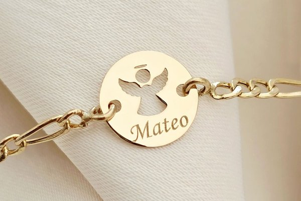 Bratara personalizata - Banut 10 mm - Inger pazitor decupat cu aripi deschise - Aur Galben 14 K - Cu lantisor fata/baiat