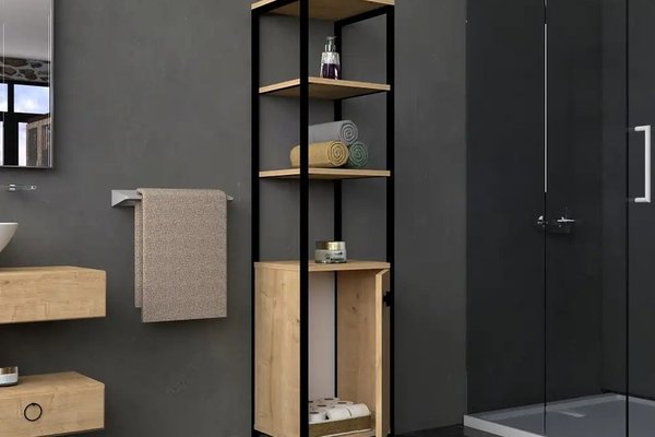Dulap  Charlie pentru baie culoare stejar si negru 162 cm
