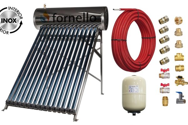 Pachet panou solar presurizat compact FORNELLO SPP-470-H58/1800-15-c cu 15 tuburi vidate de tip heat pipe si boiler din inox de 135 litri, Teava, Vas Expansiune si Fitinguri montaj
