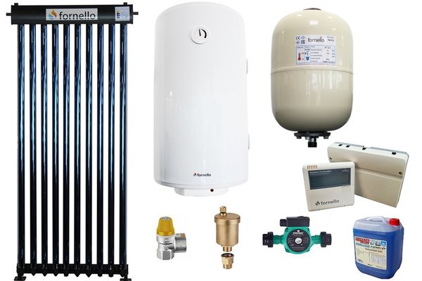 Pachet Sistem solar presurizat, panou Fornello 10 Tuburi Heat Pipe, Boiler termoelectric cu o serpentina Fornello Optima GCVS 80 litri, pompa 25-60, controller, vas expansiune, antigel, supapa 1/2, aerisitor 1/2