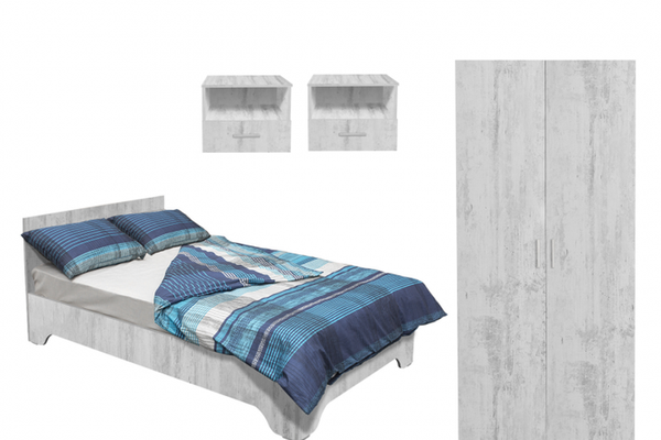Set dormitor ALMA, 4 piese, pat 120x200 cm, dulap 2 usi, 2 noptiere, pin antichizat