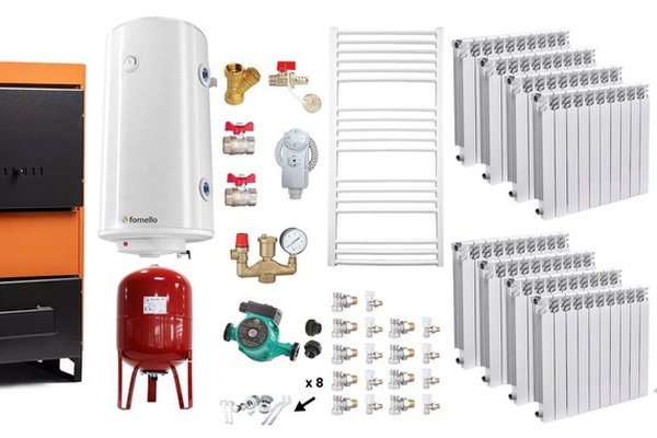 Pachet Complet Incalzire Fiama W 45 kW cu Cos Inox, Calorifere Fornello Alvo si Boiler Termoelectric
